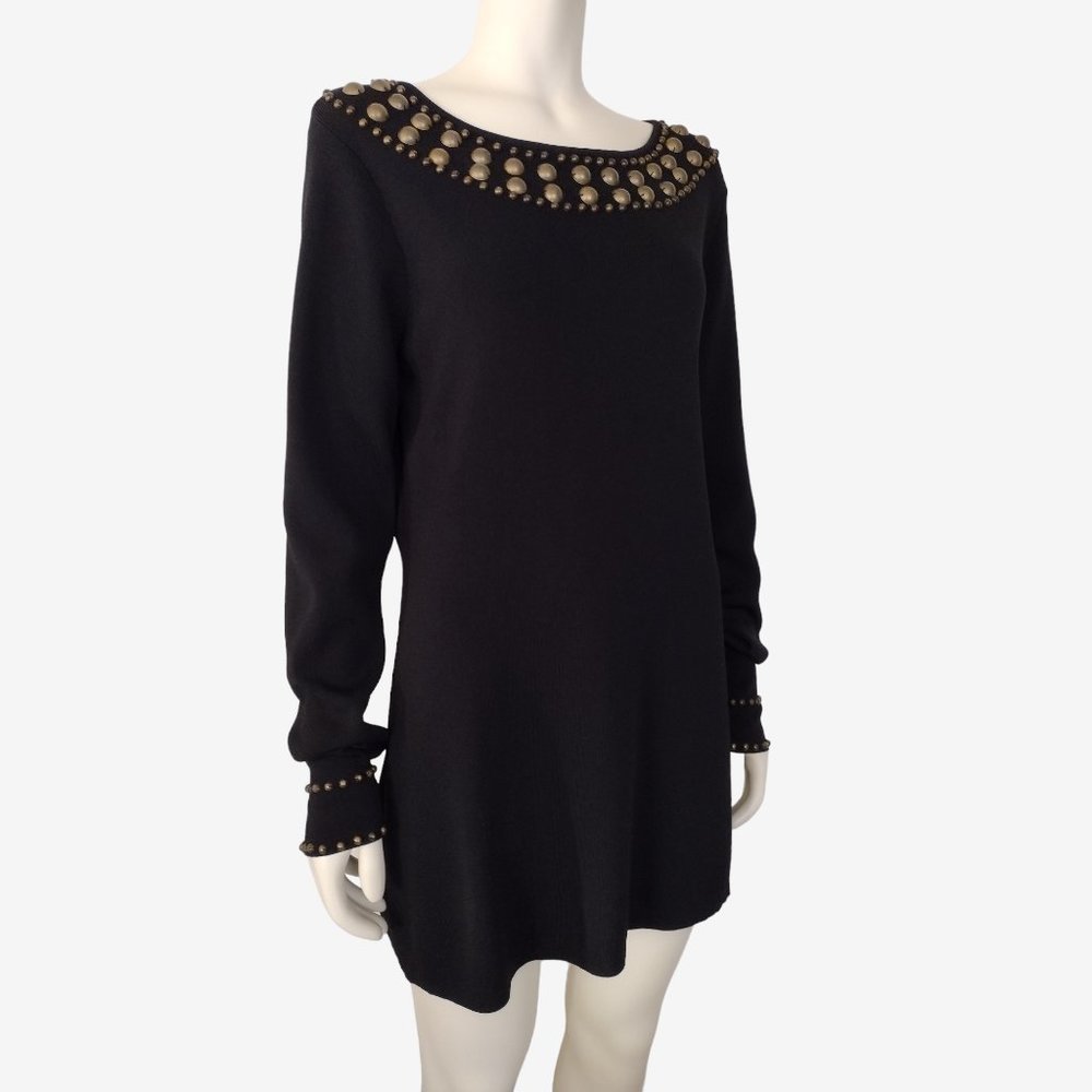 Grace Black Boat Neck Long Sleeved Beaded Fitted Stretch Knit Mini Dress - Picture 3 of 11
